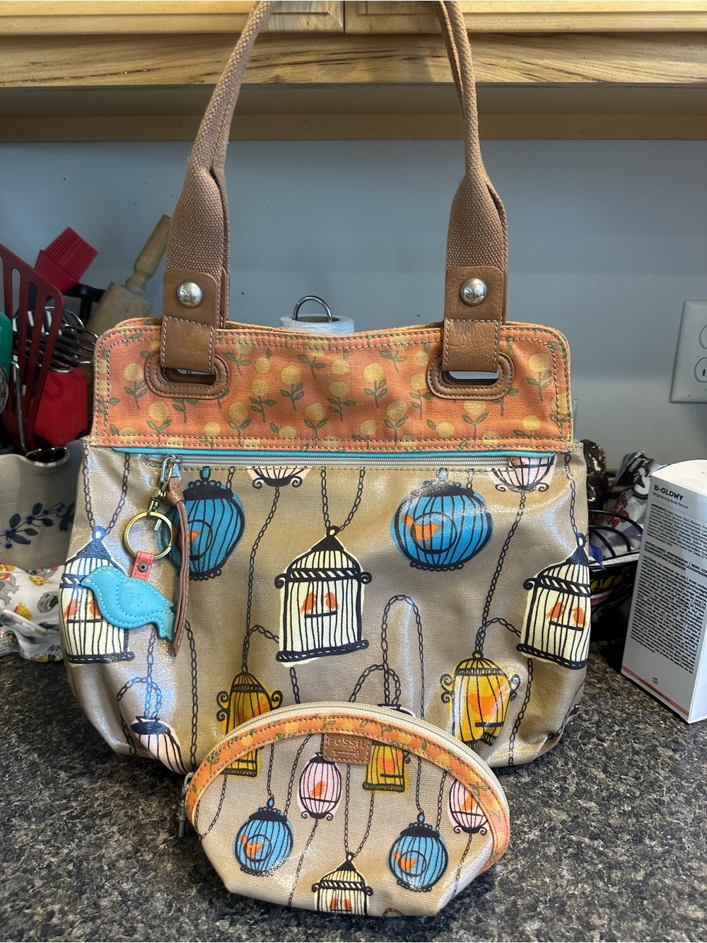 Fossil Birdcage Print Shoulder Bag in Tan, Blue & Orange